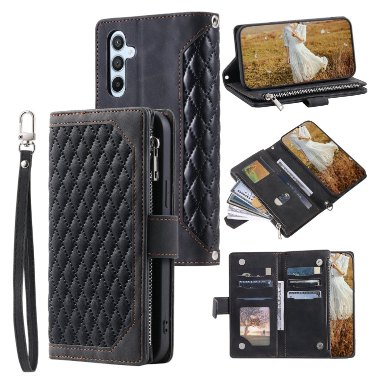 For Samsung Galaxy S25 5G Grid Texture Zipper Leather Phone Case with Lanyard(Black) - Galaxy S25 5G Cases by buy2fix | Online Shopping UK | buy2fix