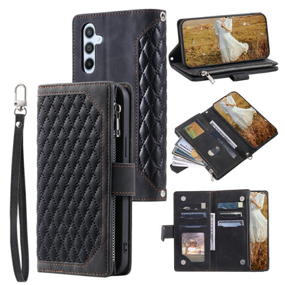 For Samsung Galaxy S25 5G Grid Texture Zipper Leather Phone Case with Lanyard(Black) - Galaxy S25 5G Cases by buy2fix | Online Shopping UK | buy2fix