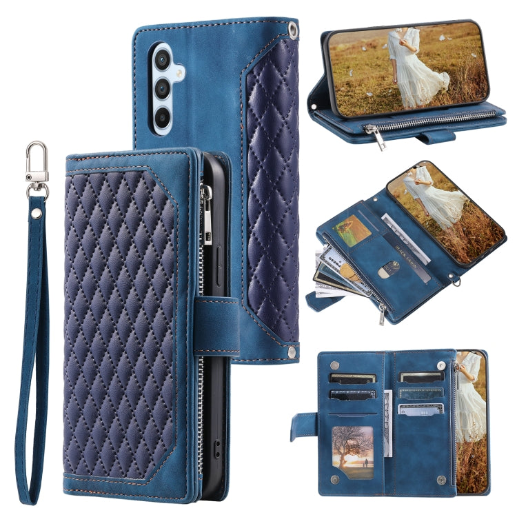 For Samsung Galaxy S25+ 5G Grid Texture Zipper Leather Phone Case with Lanyard(Blue) by buy2fix