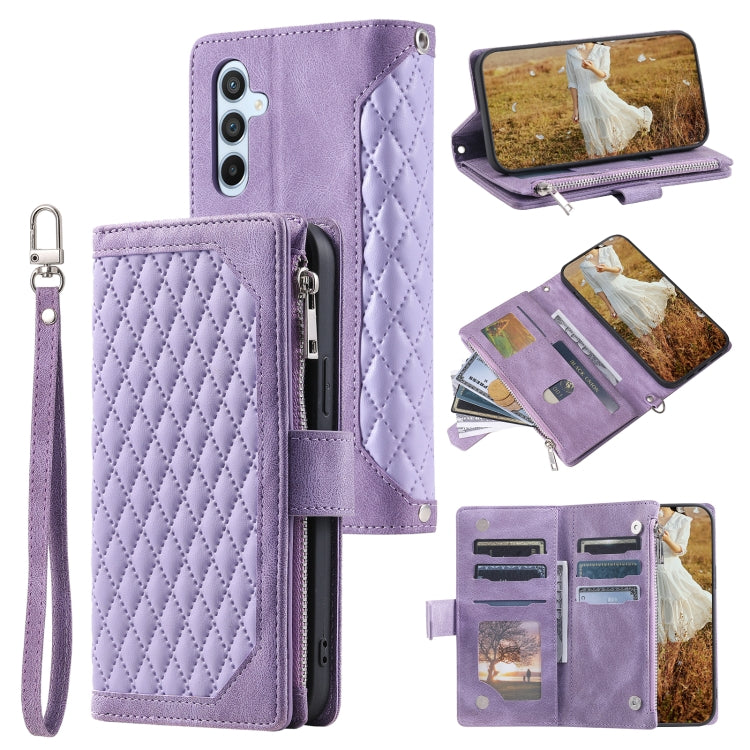 For Samsung Galaxy S25+ 5G Grid Texture Zipper Leather Phone Case with Lanyard(Purple) by buy2fix