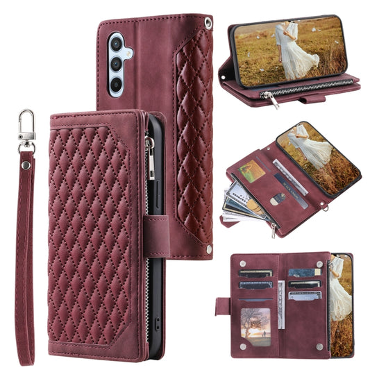 For Samsung Galaxy S25+ 5G Grid Texture Zipper Leather Phone Case with Lanyard(Wine Red) by buy2fix