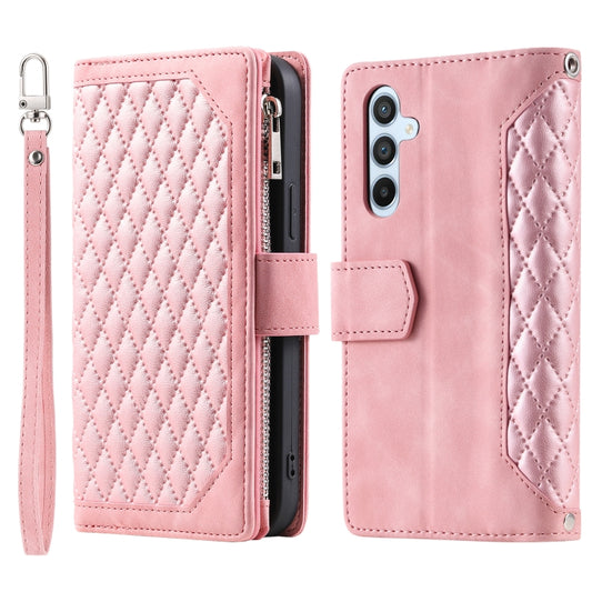For Samsung Galaxy S25+ 5G Grid Texture Zipper Leather Phone Case with Lanyard(Rose Gold) by buy2fix