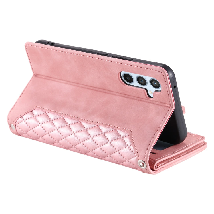 For Samsung Galaxy S25+ 5G Grid Texture Zipper Leather Phone Case with Lanyard(Rose Gold) by buy2fix