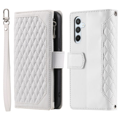 For Samsung Galaxy S25+ 5G Grid Texture Zipper Leather Phone Case with Lanyard(White) - Galaxy S25+ 5G Cases by buy2fix | Online Shopping UK | buy2fix