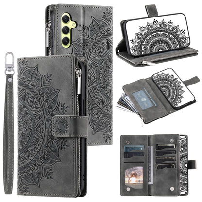 For Samsung Galaxy S25 5G Multi-Card Totem Zipper Leather Phone Case(Grey) - Galaxy S25 5G Cases by buy2fix | Online Shopping UK | buy2fix