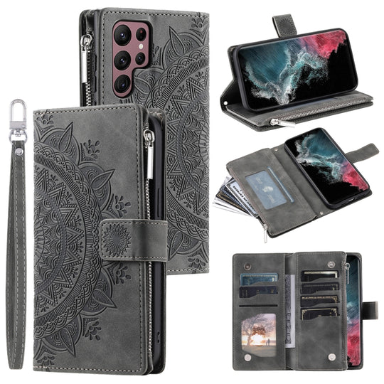For Samsung Galaxy S25 Ultra 5G Multi-Card Totem Zipper Leather Phone Case(Grey)