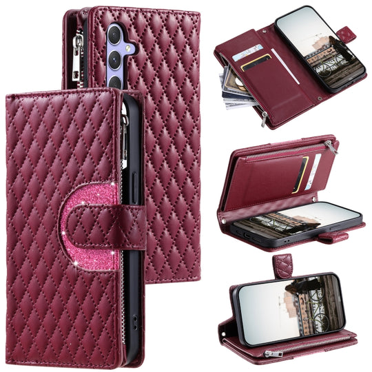 For Samsung Galaxy S25+ 5G Glitter Lattice Zipper Wallet Leather Phone Case(Wine Red)