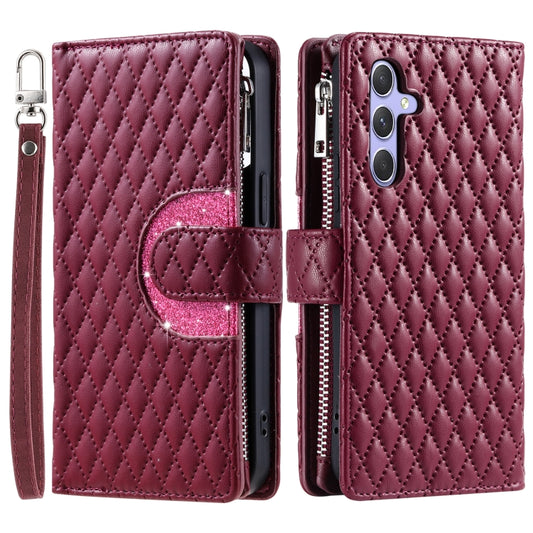 For Samsung Galaxy S25+ 5G Glitter Lattice Zipper Wallet Leather Phone Case(Wine Red) by buy2fix