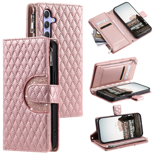 For Samsung Galaxy S25+ 5G Glitter Lattice Zipper Wallet Leather Phone Case(Rose Gold)