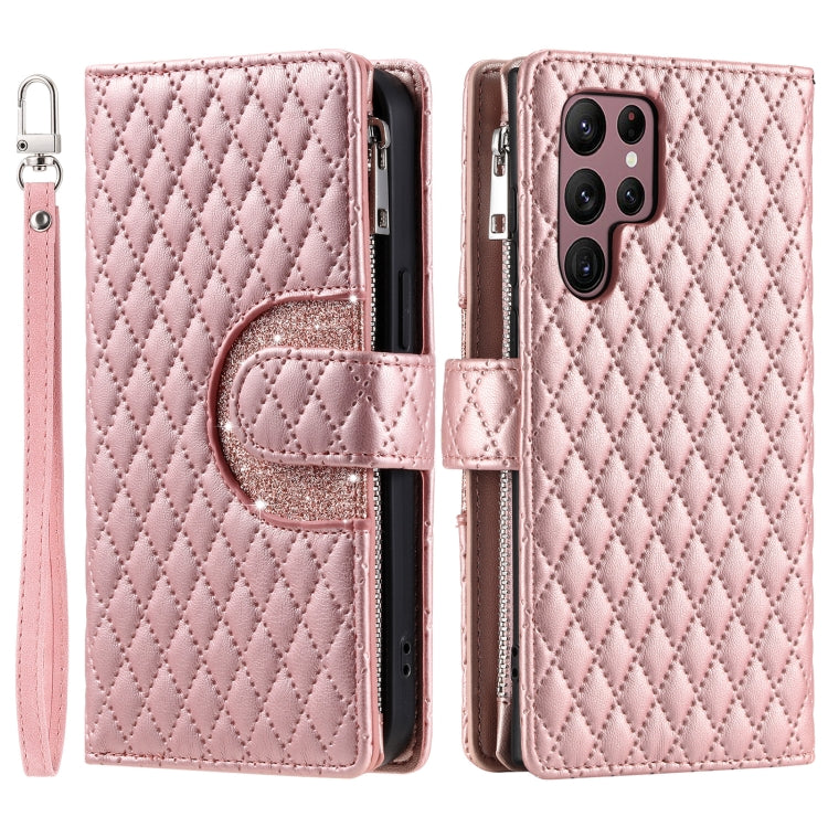 For Samsung Galaxy S25 Ultra 5G Glitter Lattice Zipper Wallet Leather Phone Case(Rose Gold) - Galaxy S25 Ultra 5G Cases by buy2fix | Online Shopping UK | buy2fix