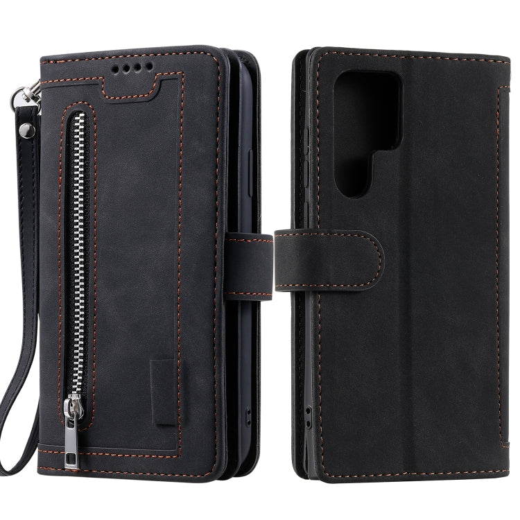 For Samsung Galaxy S25 Ultra 5G Nine Card Zipper Bag Leather Phone Case with Lanyard(Black) by buy2fix