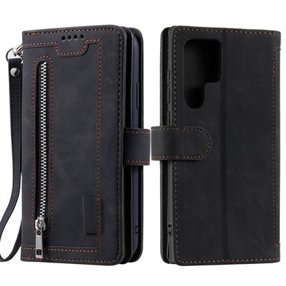 For Samsung Galaxy S25 Ultra 5G Nine Card Zipper Bag Leather Phone Case with Lanyard(Black) by buy2fix