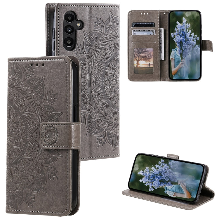 For Samsung Galaxy S25 5G Totem Flower Embossed Leather Phone Case with Lanyard(Grey) by buy2fix