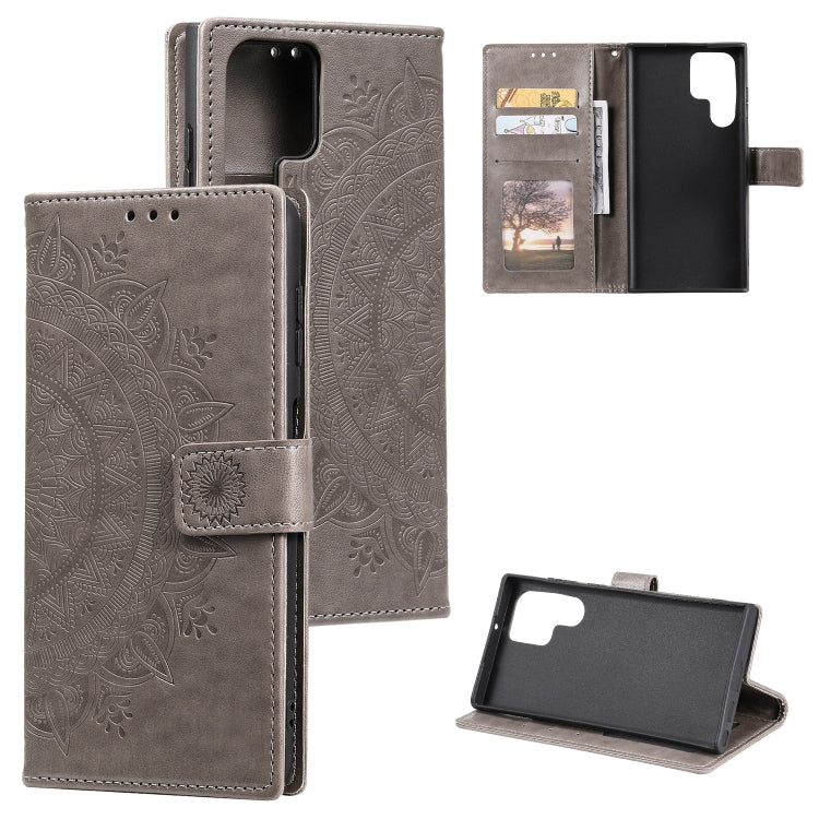 For Samsung Galaxy S25 Ultra 5G Totem Flower Embossed Leather Phone Case with Lanyard(Grey) by buy2fix