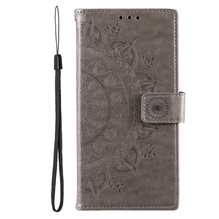 For Samsung Galaxy S25 Ultra 5G Totem Flower Embossed Leather Phone Case with Lanyard(Grey) by buy2fix