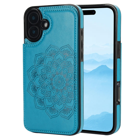 For iPhone 16 Double Buckle Mandala Leather Wallet Back Cover Phone Case(Blue) by buy2fix