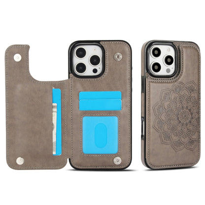 For iPhone 16 Pro Max Double Buckle Mandala Leather Wallet Back Cover Phone Case(Grey) - iPhone 16 Pro Max Cases by buy2fix | Online Shopping UK | buy2fix