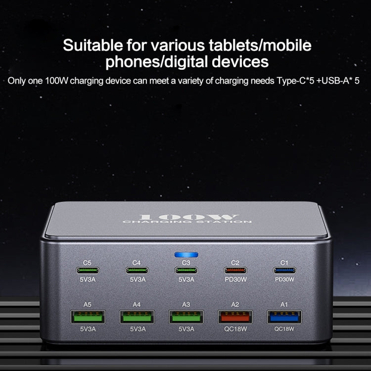 HW33 100W Type-C + USB 10-Port Desktop Fast Charger, Plug Type:EU Plug - Multifunction Charger by buy2fix | Online Shopping UK | buy2fix