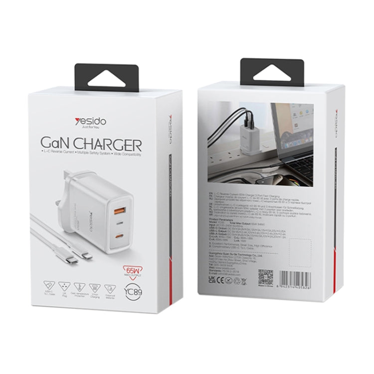 Yesido YC89 65W Type-C, USB, 8 Pin Reverse GaN Fast Charger with Type-C to 8 Pin Cable(UK Plug) - USB Charger by Yesido | Online Shopping UK | buy2fix