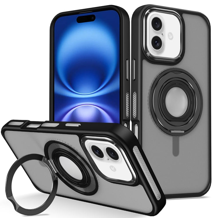For iPhone 16 Plus Skin Feel Matte 360 Degree Rotating Silicone Ring Holder Phone Case(Black) - iPhone 16 Plus Cases by buy2fix | Online Shopping UK | buy2fix