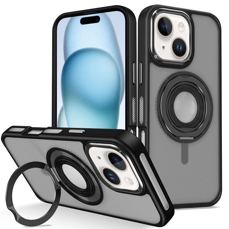 For iPhone 15 Plus Skin Feel Matte 360 Degree Rotating Silicone Ring Holder Phone Case(Black) - iPhone 15 Plus Cases by buy2fix | Online Shopping UK | buy2fix
