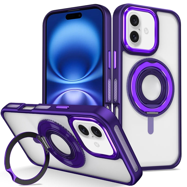 For iPhone 16 Skin Feel Transparent 360 Degree Rotating Silicone Ring Holder Phone Case(Purple) by buy2fix
