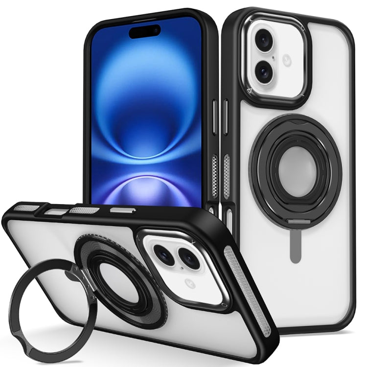 For iPhone 16 Skin Feel Transparent 360 Degree Rotating Silicone Ring Holder Phone Case(Black) - iPhone 16 Cases by buy2fix | Online Shopping UK | buy2fix