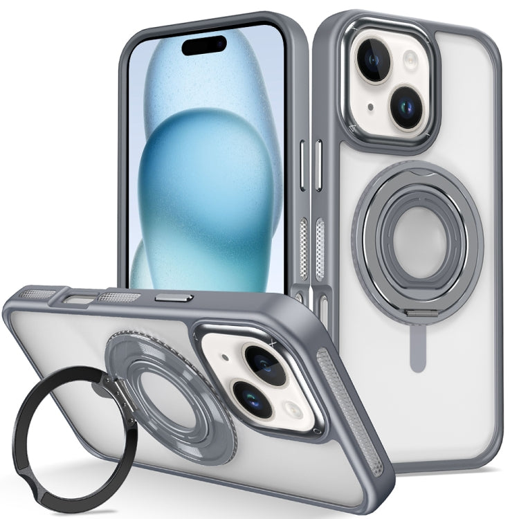 For iPhone 15 Plus Skin Feel Transparent 360 Degree Rotating Silicone Ring Holder Phone Case(Grey) - iPhone 15 Plus Cases by buy2fix | Online Shopping UK | buy2fix