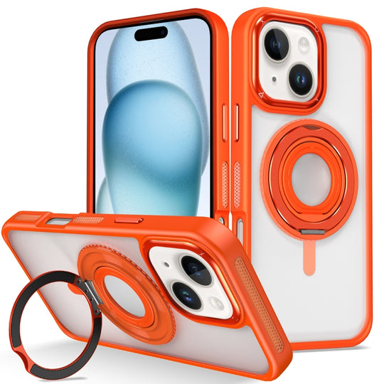 For iPhone 15 Skin Feel Transparent 360 Degree Rotating Silicone Ring Holder Phone Case(Orange)