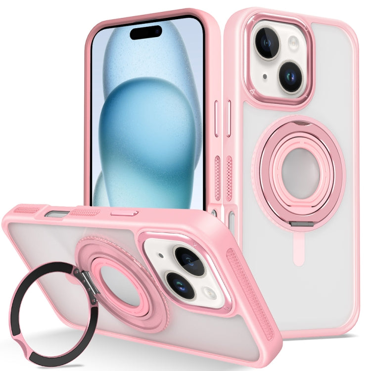 For iPhone 15 Skin Feel Transparent 360 Degree Rotating Silicone Ring Holder Phone Case(Pink) - iPhone 15 Cases by buy2fix | Online Shopping UK | buy2fix