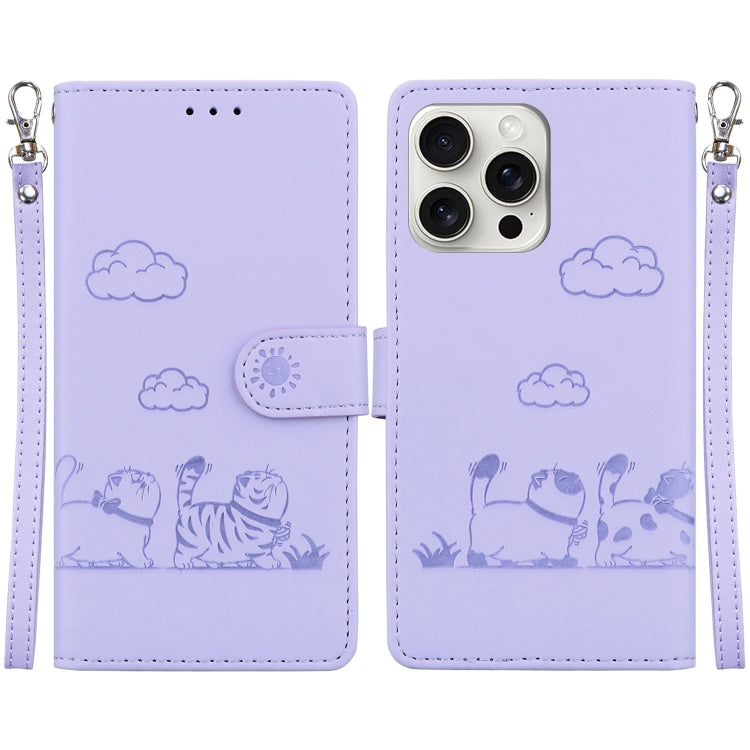 For iPhone 16 Pro Max Cute Cats RFID Leather Phone Case(Purple) - iPhone 16 Pro Max Cases by buy2fix | Online Shopping UK | buy2fix