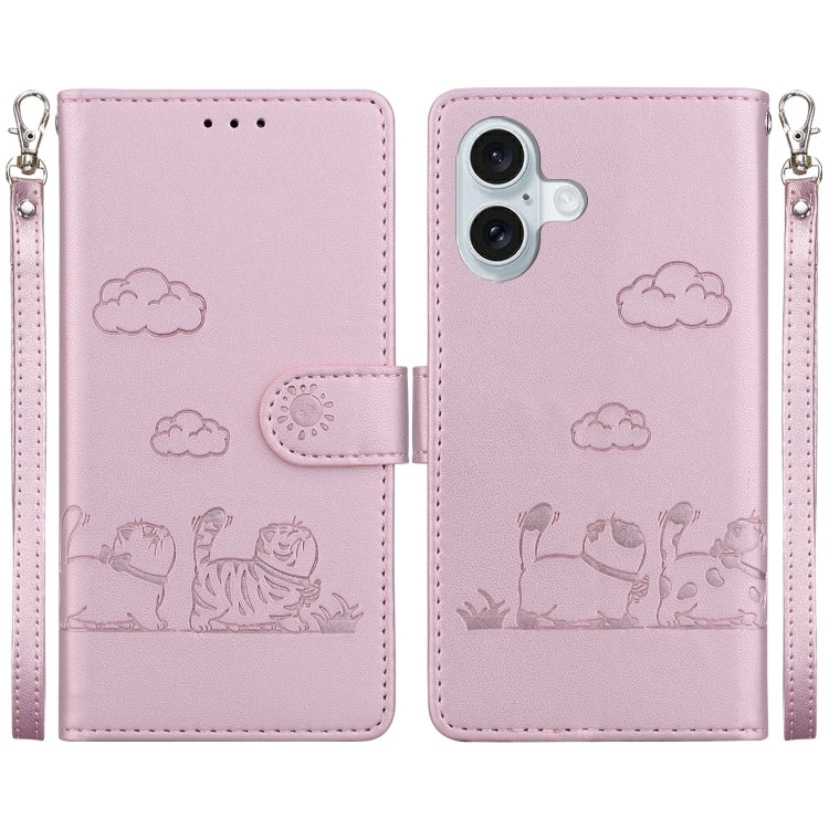 For iPhone 16 Plus Cute Cats RFID Leather Phone Case(Rose Gold) by buy2fix