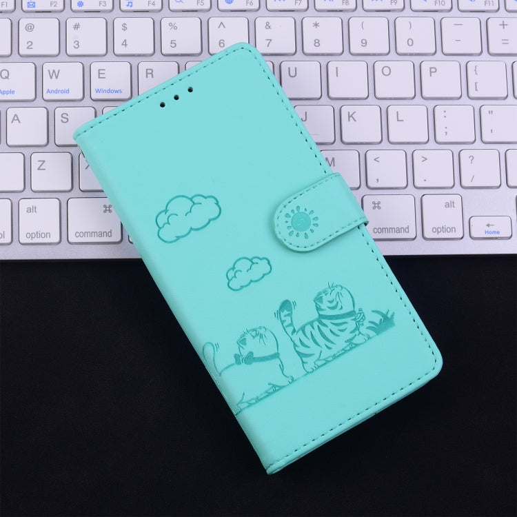 For iPhone 16 Cute Cats RFID Leather Phone Case(Green) - iPhone 16 Cases by buy2fix | Online Shopping UK | buy2fix