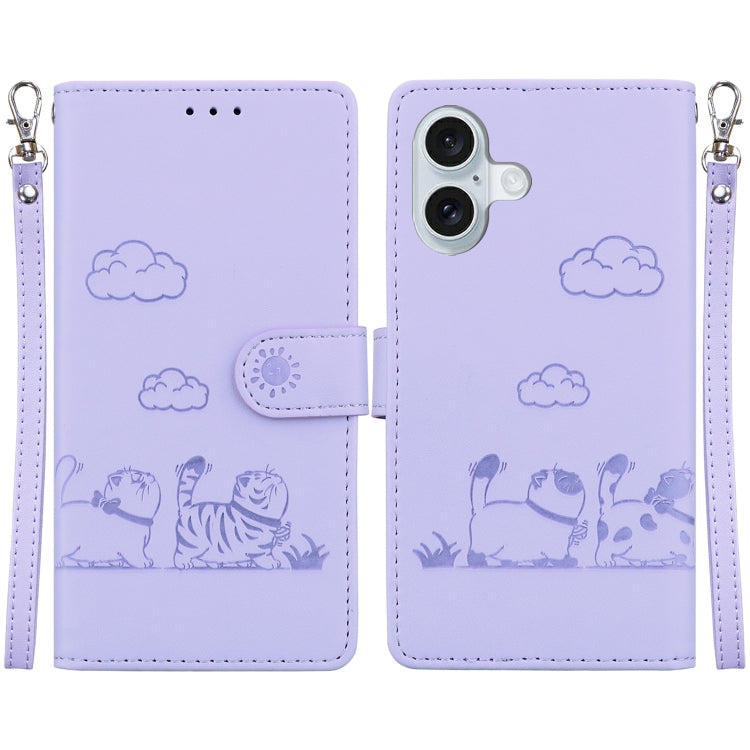 For iPhone 16 Cute Cats RFID Leather Phone Case(Purple) by buy2fix