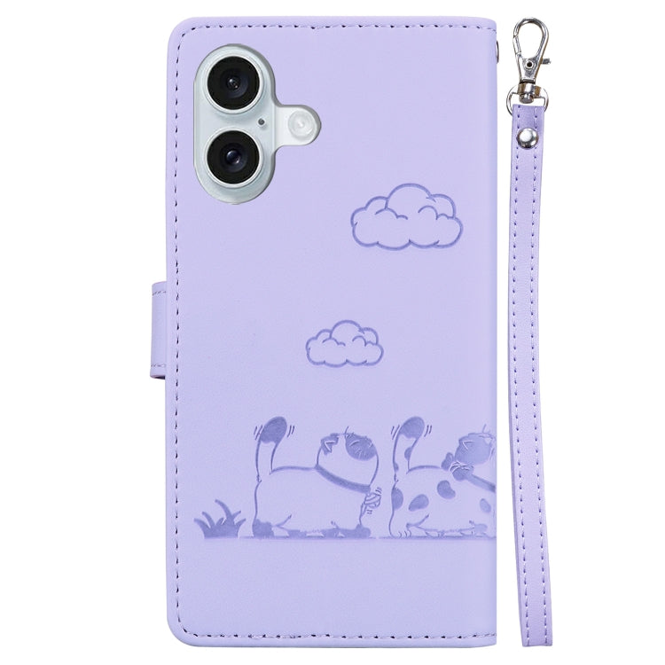 For iPhone 16 Cute Cats RFID Leather Phone Case(Purple) by buy2fix