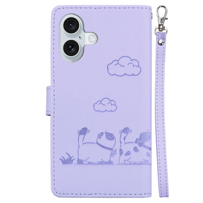 For iPhone 16 Cute Cats RFID Leather Phone Case(Purple) by buy2fix