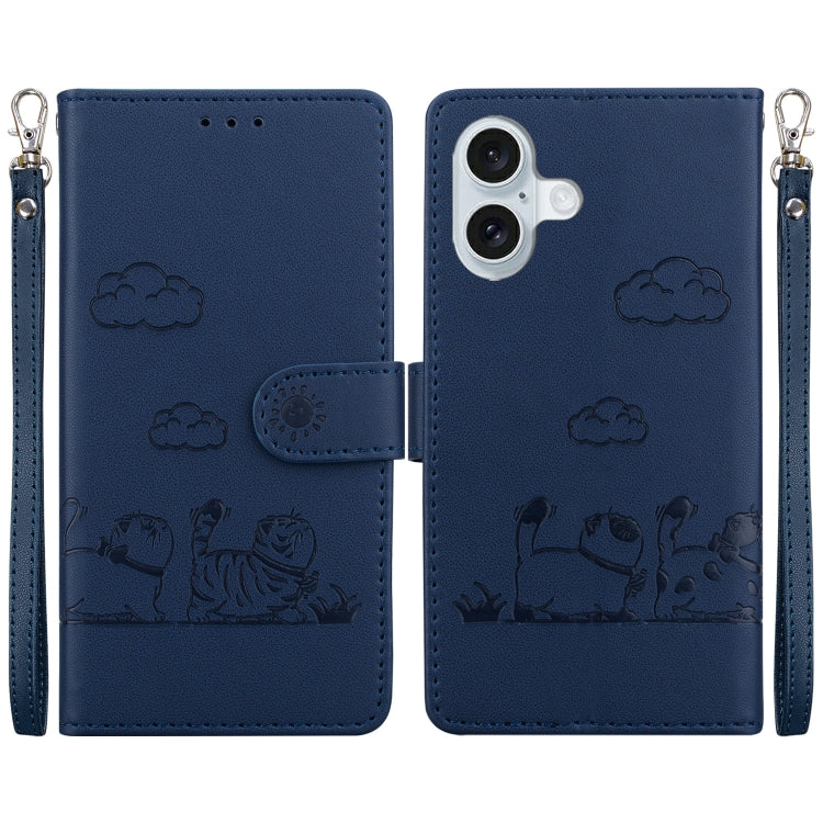 For iPhone 16 Cute Cats RFID Leather Phone Case(Blue) - iPhone 16 Cases by buy2fix | Online Shopping UK | buy2fix