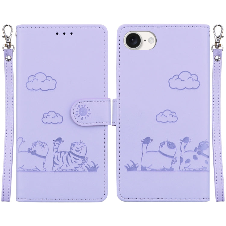 For iPhone 16e Cute Cats RFID Leather Phone Case(Purple) by buy2fix