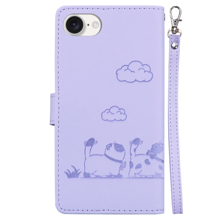 For iPhone 16e Cute Cats RFID Leather Phone Case(Purple) by buy2fix