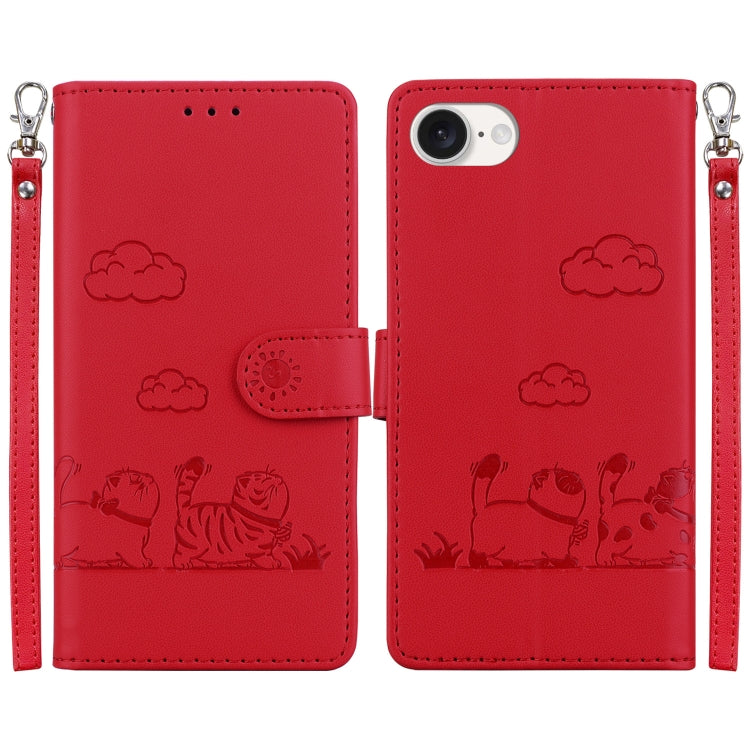 For iPhone 16e Cute Cats RFID Leather Phone Case(Red) by buy2fix