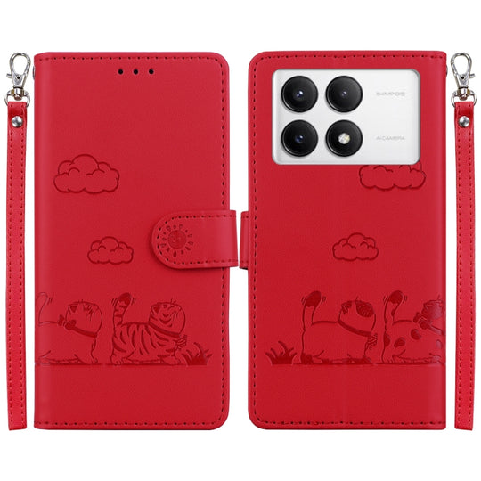 For Redmi K70 / K70 Pro Cute Cats RFID Leather Phone Case(Red)