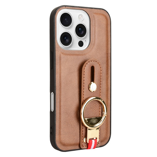 For iPhone 16 Pro Wristband Leather Back Phone Case(Brown) by buy2fix