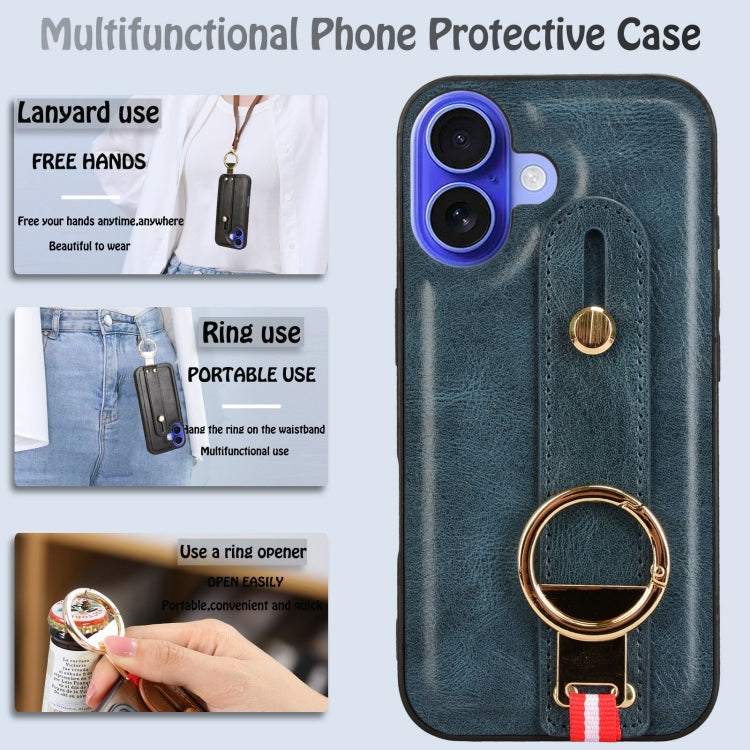 For iPhone 16 Wristband Leather Back Phone Case(Blue) - iPhone 16 Cases by buy2fix | Online Shopping UK | buy2fix