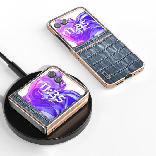 For Motorola Razr 50 ABEEL Electroplating Frame Crocodile Texture Genuine Leather Phone Case(Blue) by buy2fix