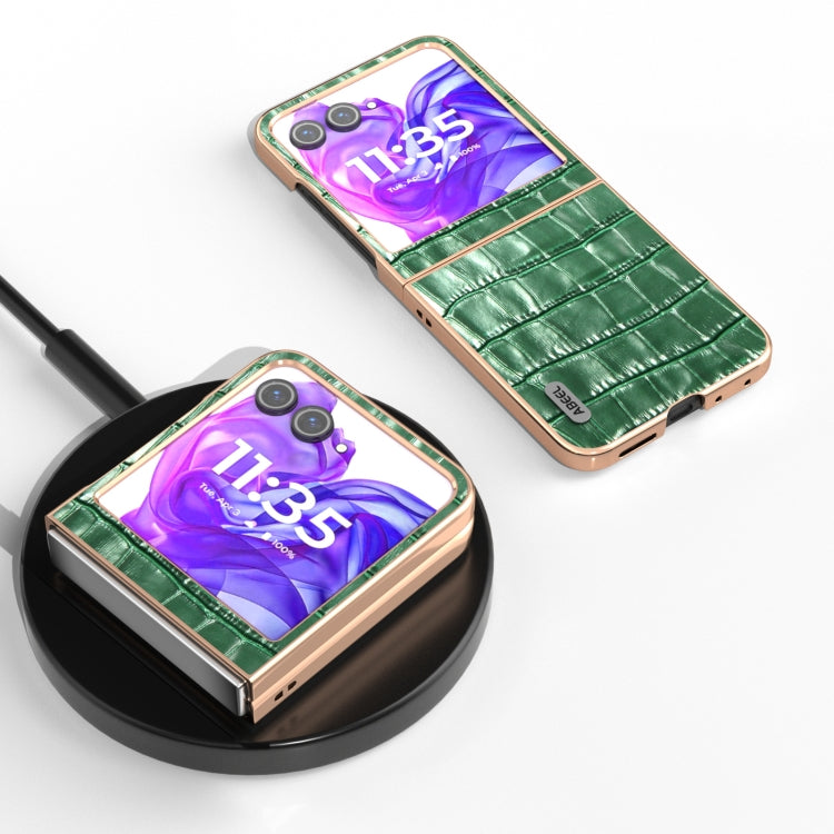 For Motorola Razr 50 ABEEL Electroplating Frame Crocodile Texture Genuine Leather Phone Case(Green) by buy2fix