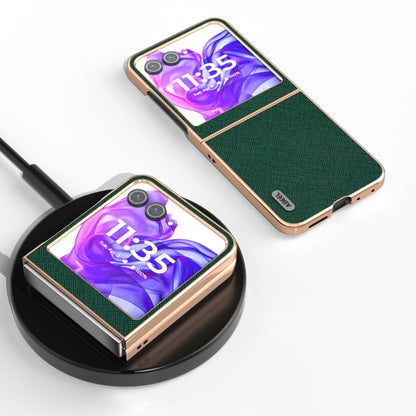 For Motorola Razr 50 ABEEL Electroplating Frame Cross Texture Genuine Leather Phone Case(Green) by buy2fix