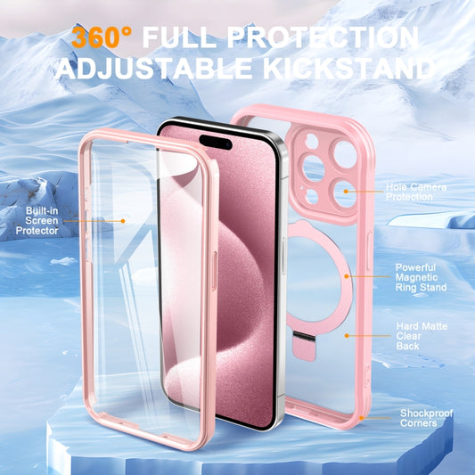 For iPhone 15 Pro Skin Feel MagSafe Holder 360 Full Body Phone Case(Pink) - iPhone 15 Pro Cases by buy2fix | Online Shopping UK | buy2fix