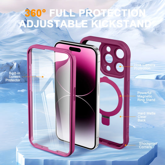 For iPhone 14 Pro Skin Feel MagSafe Holder 360 Full Body Phone Case(Rose Red) - iPhone 14 Pro Cases by buy2fix | Online Shopping UK | buy2fix