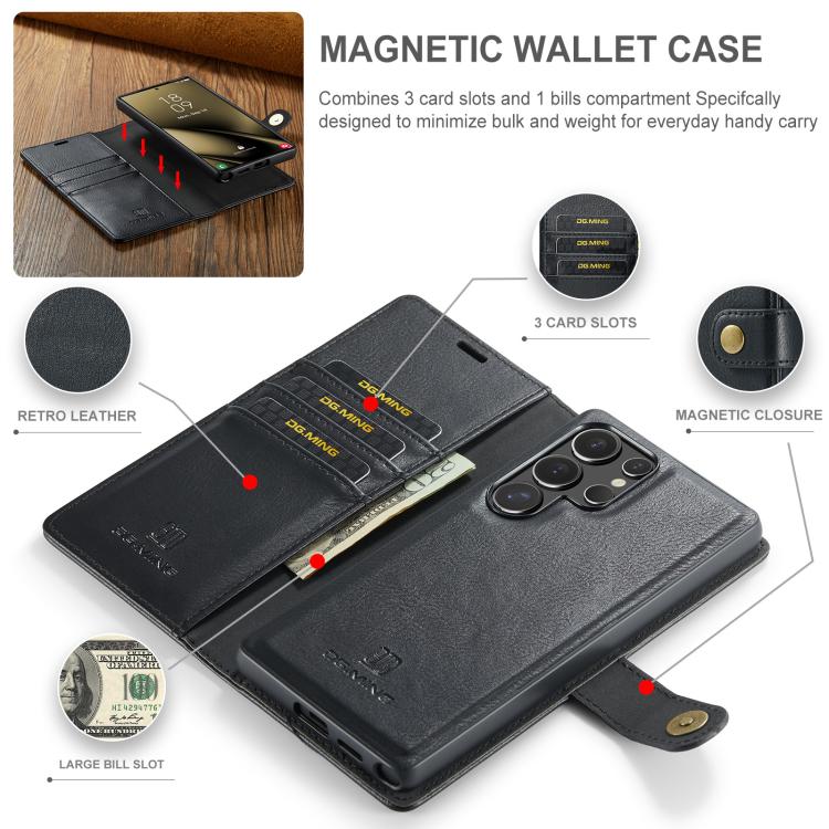 For Samsung Galaxy S25 Ultra 5G DG.MING Crazy Horse Texture Detachable Magnetic Leather Case(Black) - Galaxy S25 Ultra 5G Cases by DG.MING | Online Shopping UK | buy2fix