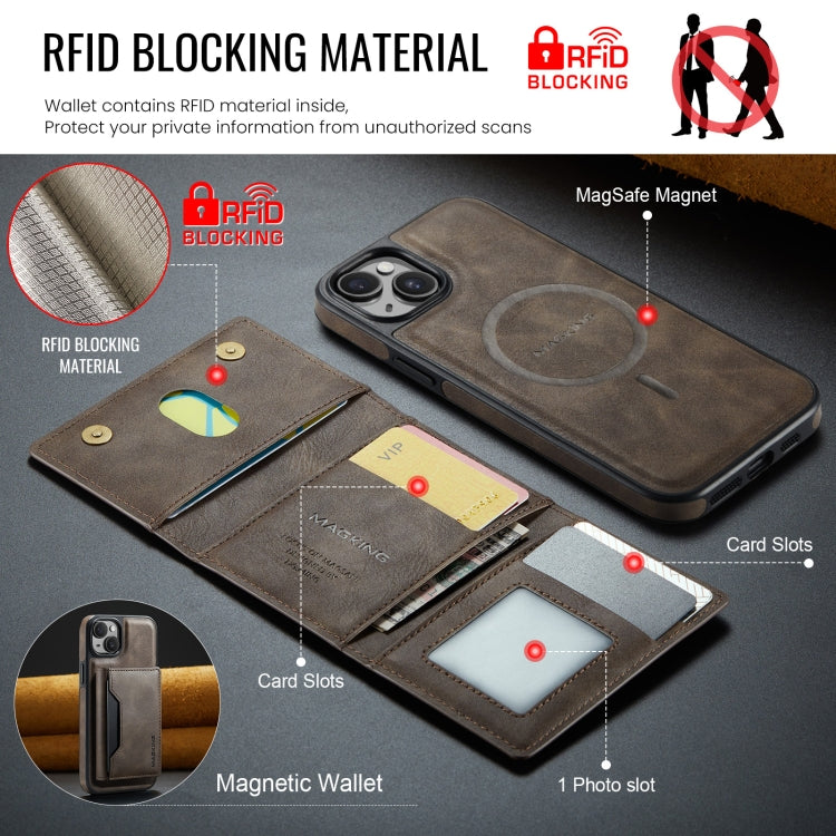 For iPhone 14 DG.MING MAGKING-K2 Series MagSafe RFID Card Bag Detachable Phone Case(Coffee) - iPhone 14 Cases by DG.MING | Online Shopping UK | buy2fix